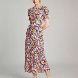 Saloni Bianca Midi Dress Pink Rosette Print size 8